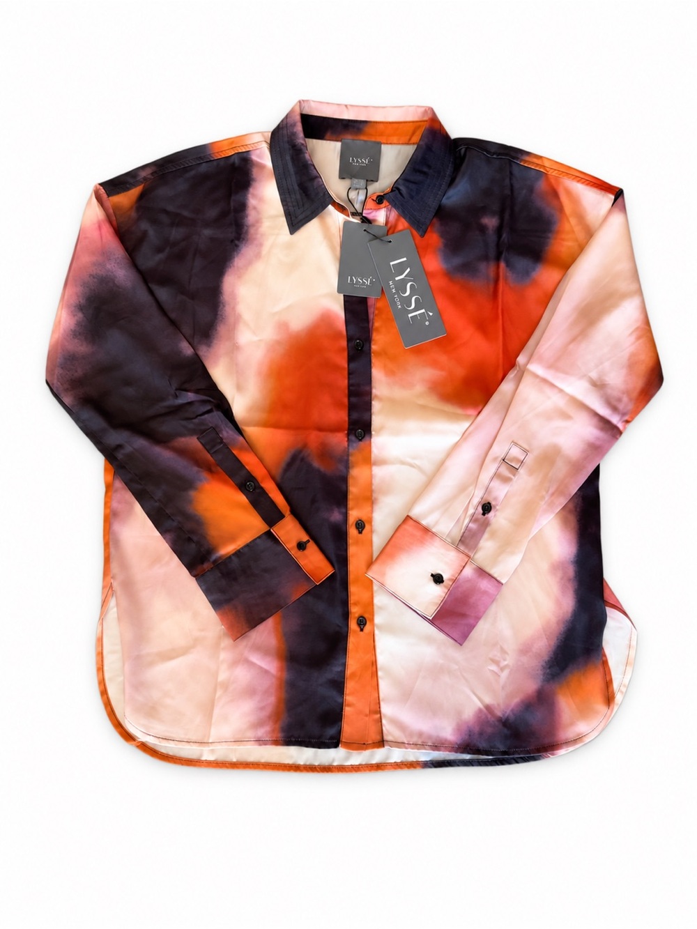 Lysse Satin Tie-Dye Button-Down Shirt in Red, Black & Pink - Picture 2 of 7